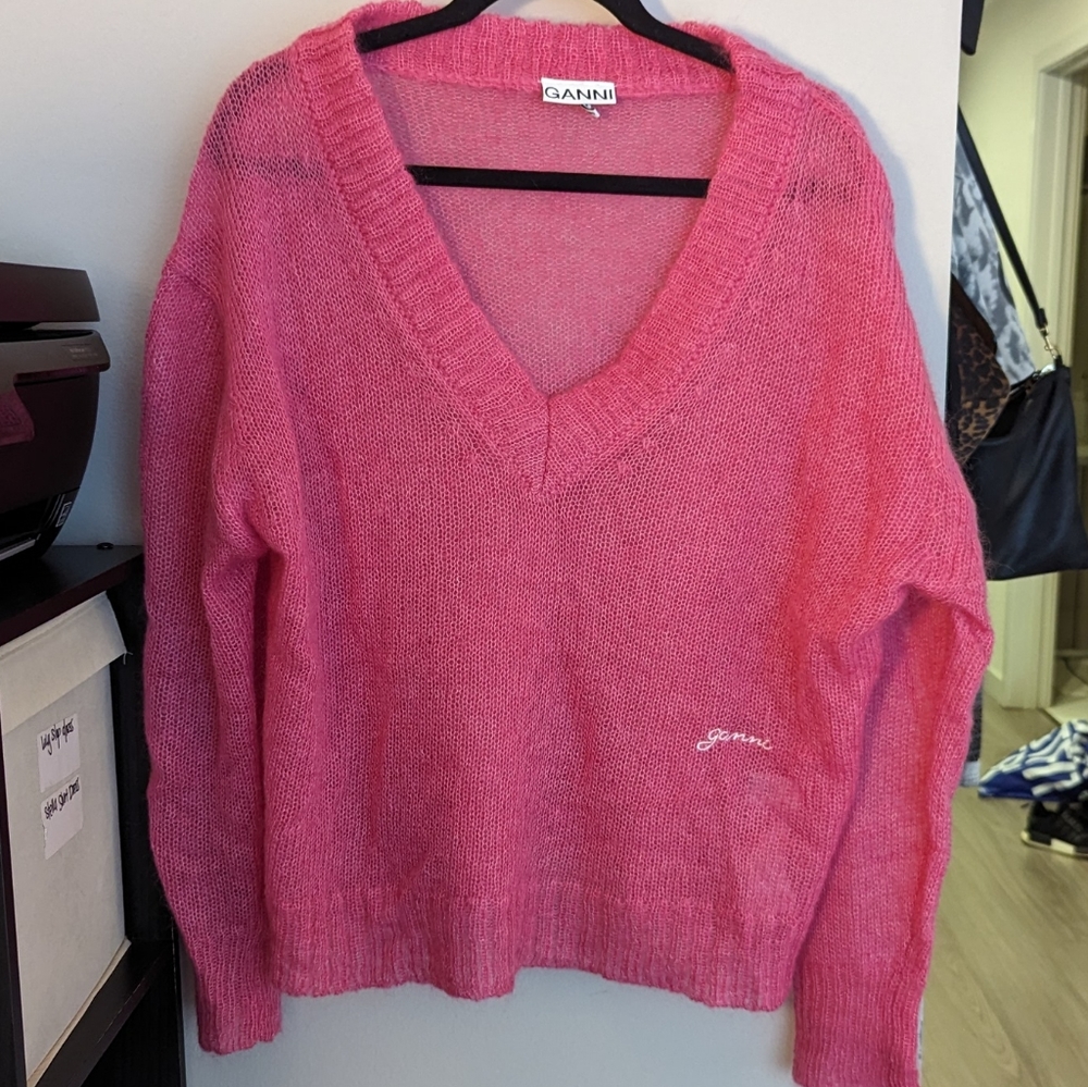 ganni v neck pink mohair sweater size l xl